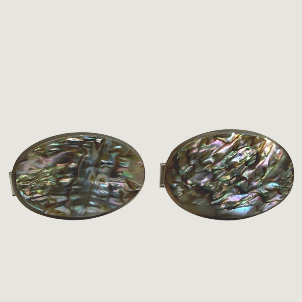 Vintage Abalone Shell Oval Cufflinks Silver Tone Iridescent Mother of Pearl